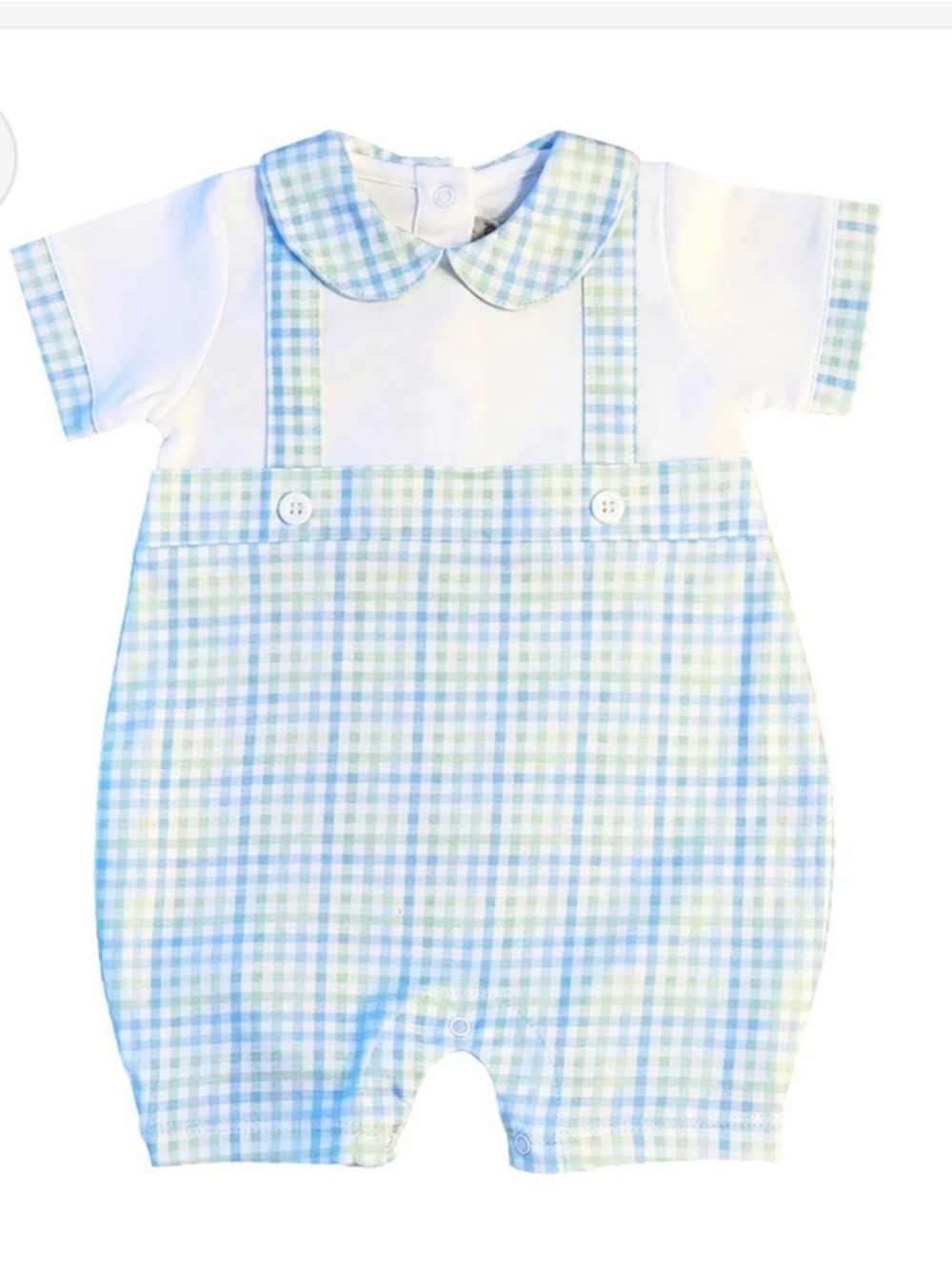 NWT Marco & Lizzie Blue & Green Gingham Baby Romper with Peter Pan Collar